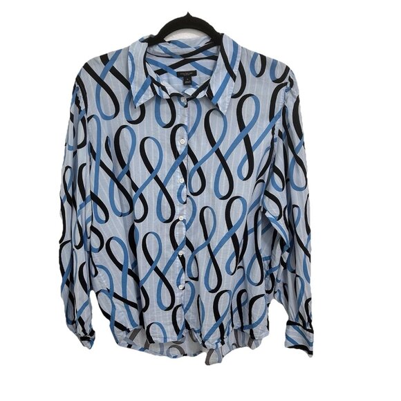 Ann Taylor Blue Geometric Collared Button Up Long Sleeve Balloon Sleeve Shirt XL - Picture 1 of 11